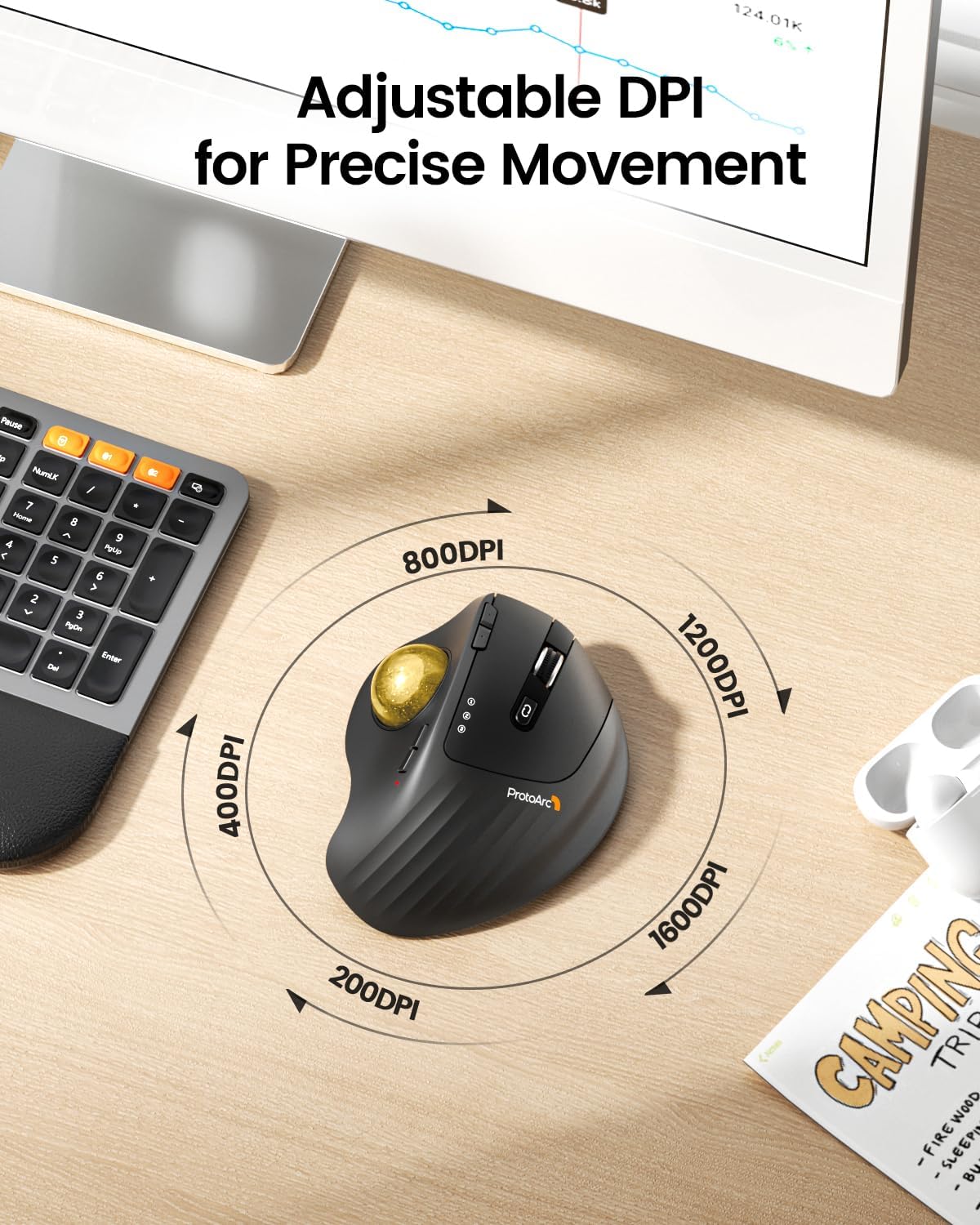 ProtoArc EM01 NL Wireless Trackball Mouse, Rechargeable Thumb Control, Gold