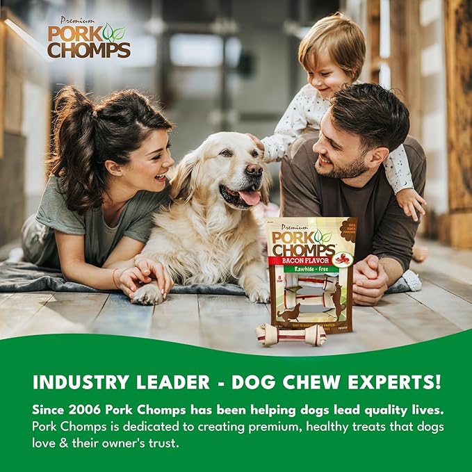 Pork Chomps Baked Pork Skin Dog Chews, 6 Inch Knots, 8 Count, 1 Pack, Bacon Flavor - Long-Lasting Treats for Dogs - High Protein, Rawhide-Free, Low Fat, Healthy & Delicious Chews