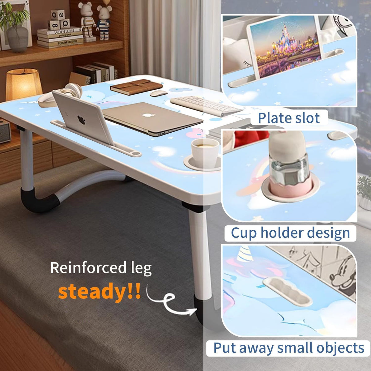 Kawaii Laptop Desk Foldable Kawaii Bed Desk Table Cute Folding Breakfast Tray Portable Lap Standing Desk Notebook Stand Reading Holder for Bed/Couch/Sofa/Floor (Blue)
