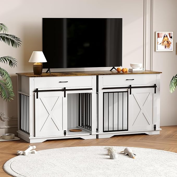 37 Inch Dog Crate Furniture with Double Doors, Modern Farmhouse Indoor Kennel for Small to Medium Dogs, Dual Drawer Storage Table, Media Console TV Stand and Sideboard
