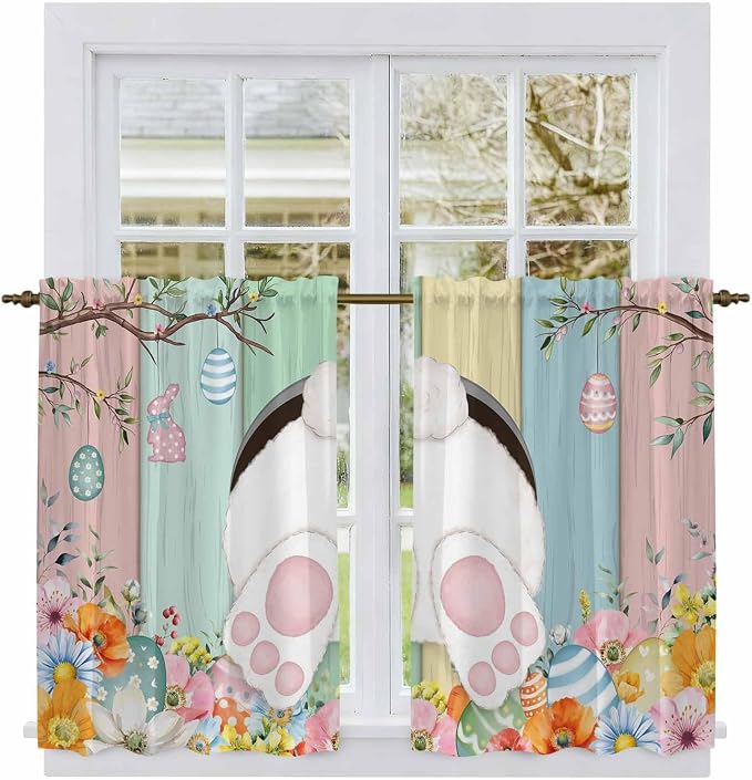 Easter Kitchen Tier Curtains 45 Inch Long 2 Panel Set, Rod Pocket Short Window