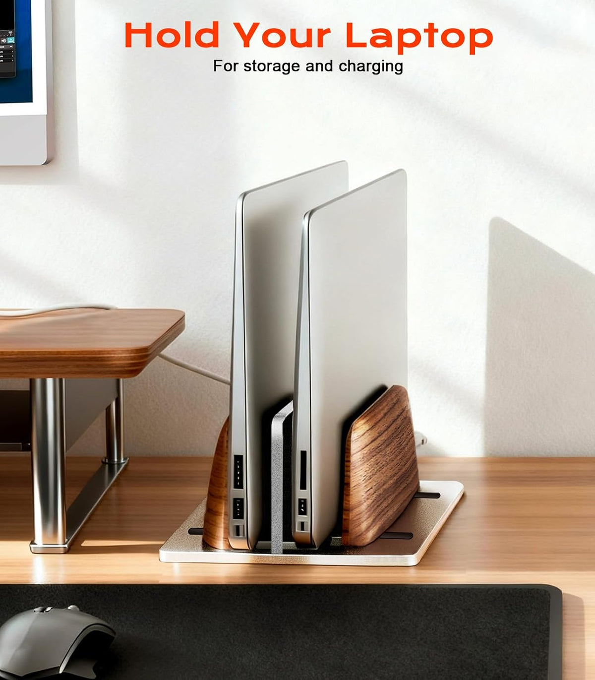 JCZT Vertical Laptop Stand, Walnut Dual Laptop Holder, Silver