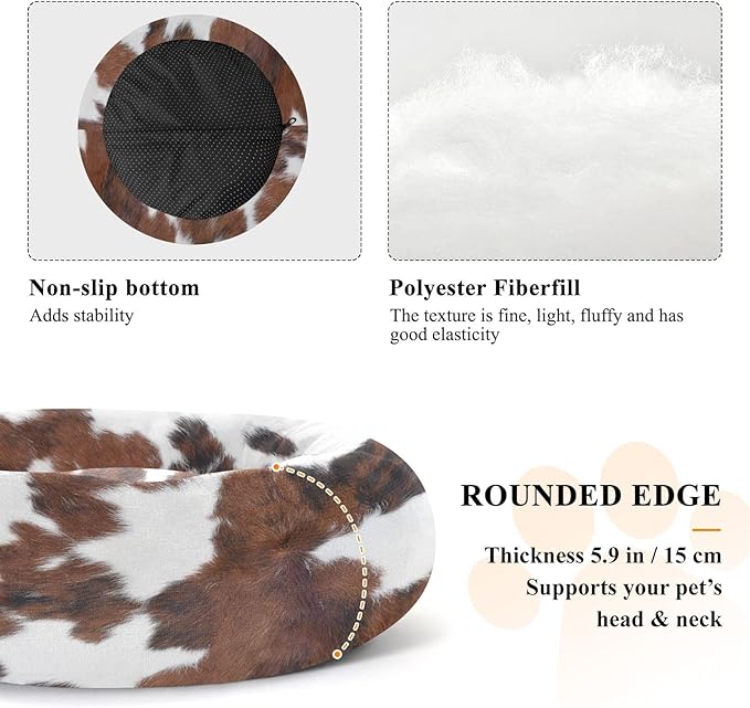 Round Cat Bed Dog Bed,13in Cow Print Washable Non-Slip Bottom Soft Pet Bed for Small Medium Dogs and Cats