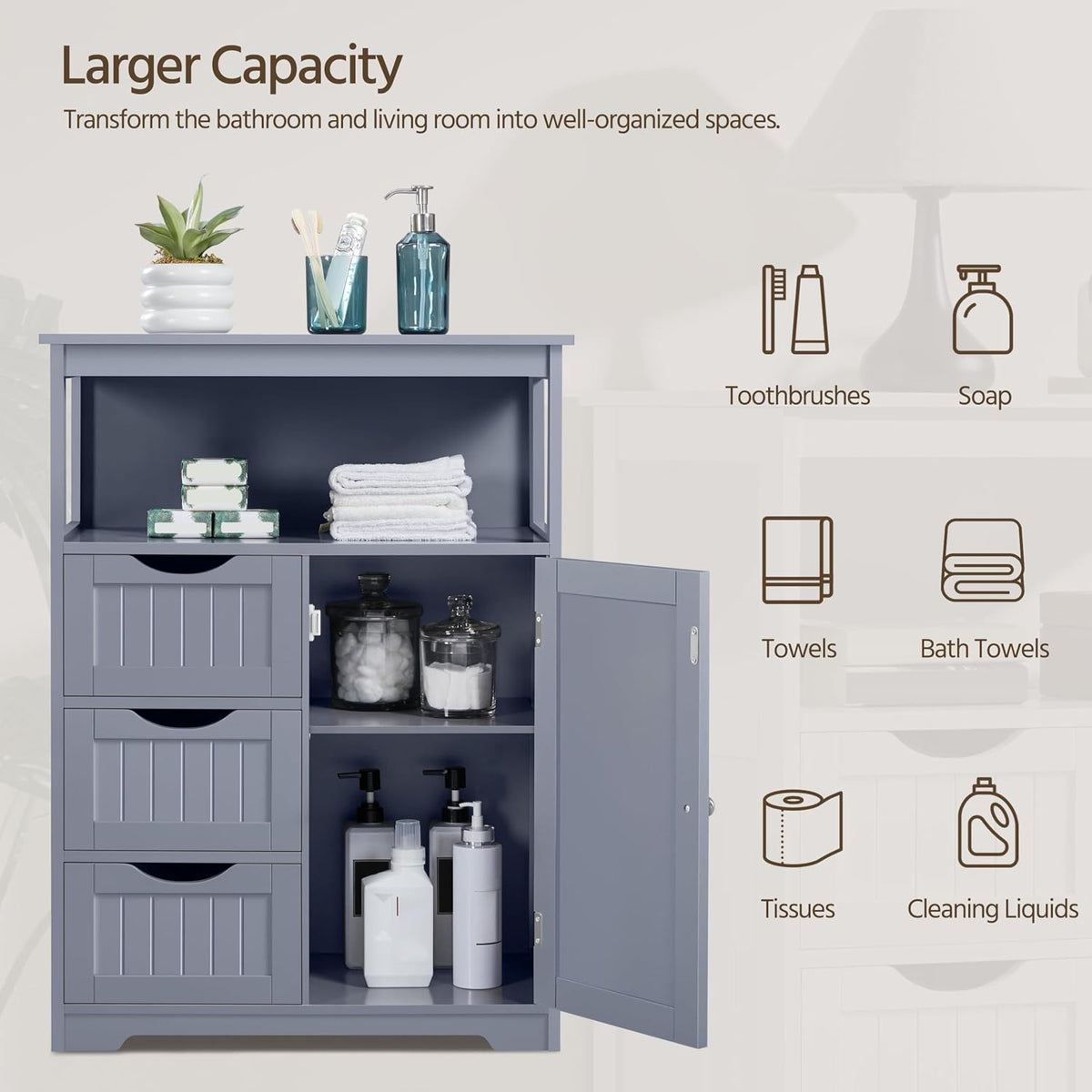 Yaheetech Large Freestanding Bathroom Storage Cabinet with 3 Drawers, Gray