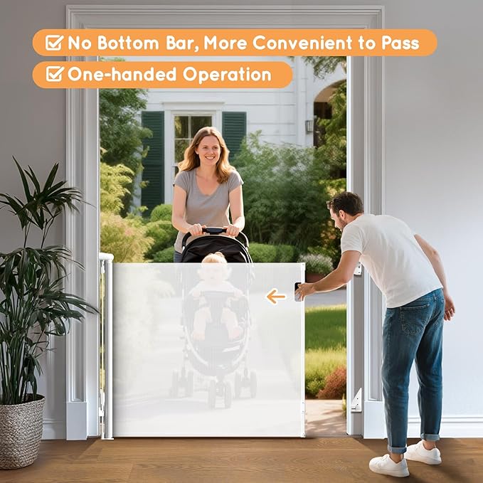 Retractable Baby Gate for Stairs, 55" Wide Mesh Pet Gate, Automatic Tension, One-Hand Operation, 38" Tall Baby Gates for Doorways, Hallways, Deck, Indoor Outdoor, Safe, Easy to Fit, White