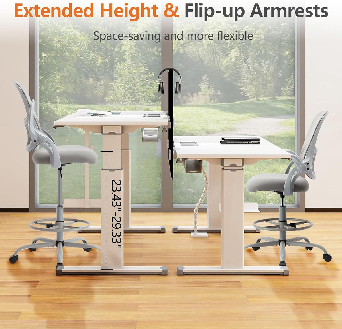 Sweetcrispy Tall Drafting Office Desk Chair - Ergonomic High Stool Computer Chair with Adjustable Height and Comfy Lumbar Support, Rolling Counter Height with Flip-up Arm and Footrest, Grey