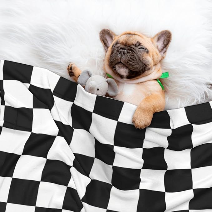 Double Sided Pet Throw for Dogs Who Shed, Checkered Race Waving Flag, Reversible Blanket with Nubby Dot Side Catches Loose Fur for Easier Furniture Cleanup