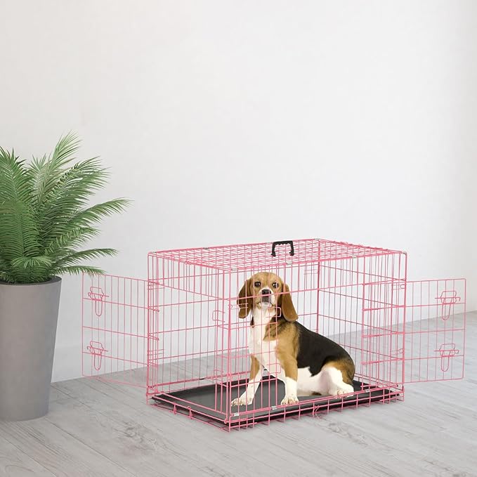 36 inch Dog Crates for Medium Dogs Folding Metal Wire Dog Cage Kennel, Indoor Outdoor Dog Crate Kennels with Handle&Proof Tray Portable Pet Kennel Pink
