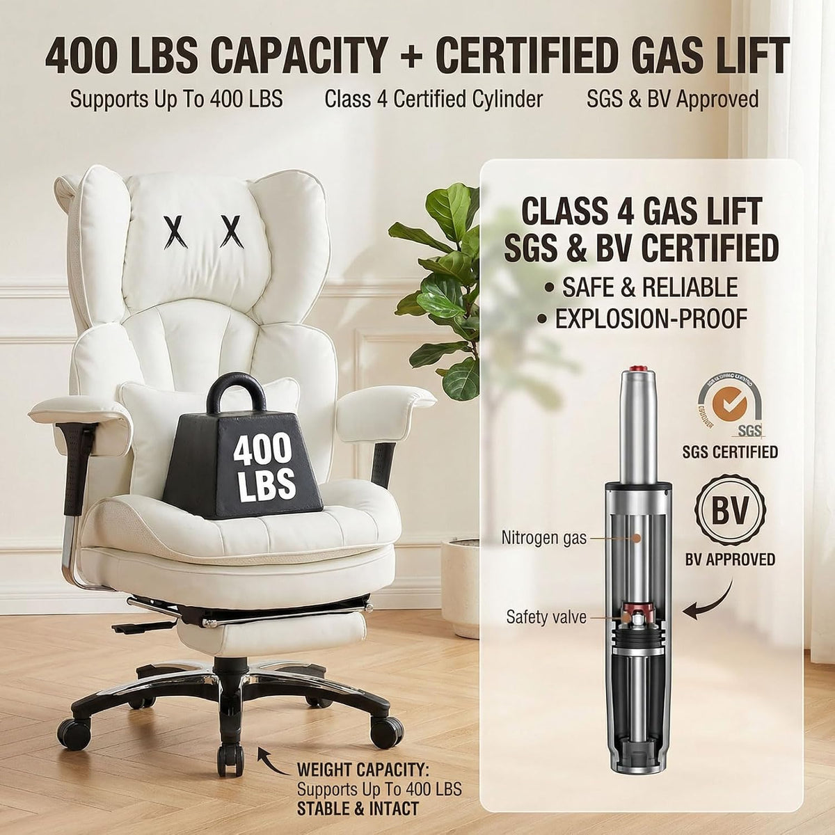 Efomao Big & Tall Executive Chair, Wide Office Chair with Footrest White-L