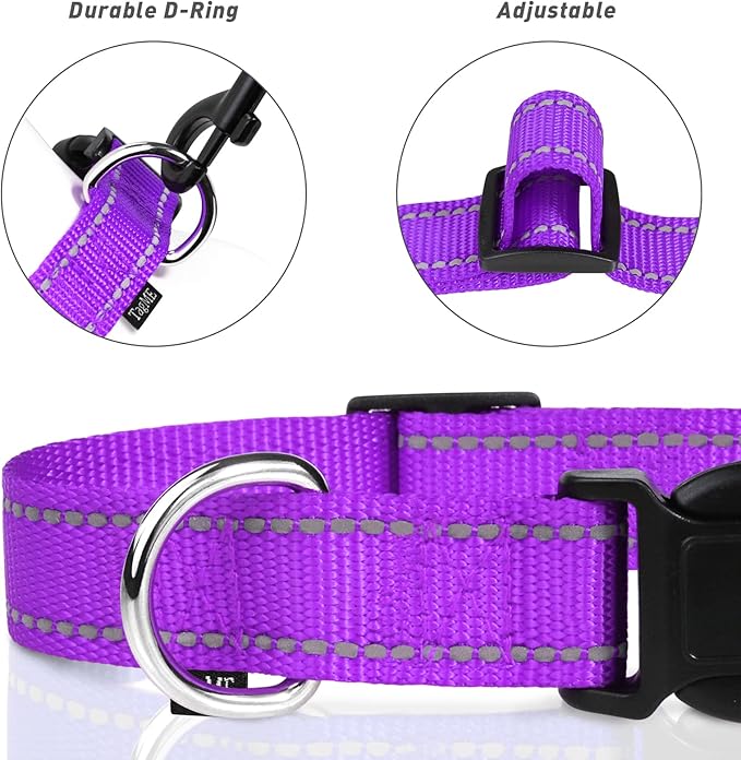 TagME Reflective Nylon Dog Collars, Adjustable Classic Pet Collar with Quick Release Buckle for Extra Large Dogs, Purple, 1¼" Width