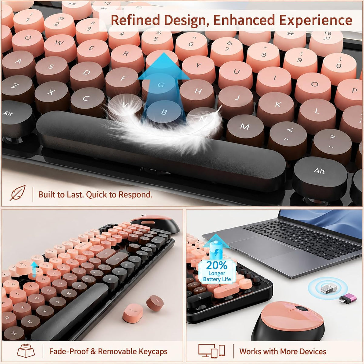 Nowlike Wireless Keyboard and Mouse Combo, Retro Typewriter Keyboard with Round Keycaps, Full-Size Ergonomic, Red, Ideal for Windows PC, Home, Office, and College, Wireless Keyboard Mouse Combo