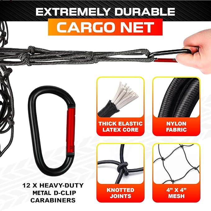[Premium] 5'x7' Heavy Duty Cargo Net Stretches to 10' x 14', Extra Thick 10mm Cord Bungee Cargo Netting for Pickup Truck Bed, Roof Rack Net & 12 PCS Steel Carabiners