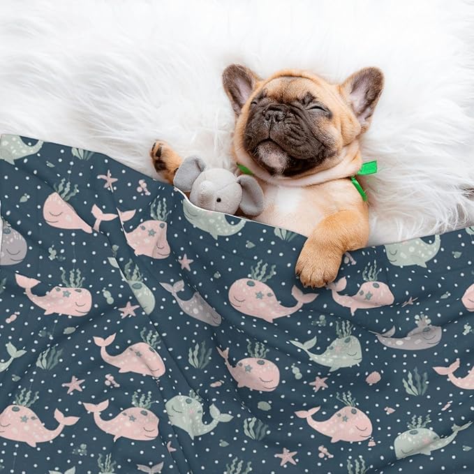 Pet Blanket for Travel and Home, Cute Whales Mandala Blue, Reversible Plush Dot Design with Soft Grip Texture on One Side Perfect for Car Seats Moving Vehicles
