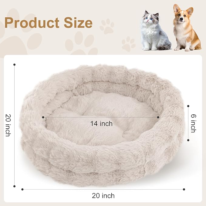Cat Beds for Indoor Cats, Washable Round Beds for Small Dog and Cats, Soft Plush Faux Fur Removable Pet Bed for Puppy and Kitten, 20"x20"x6"