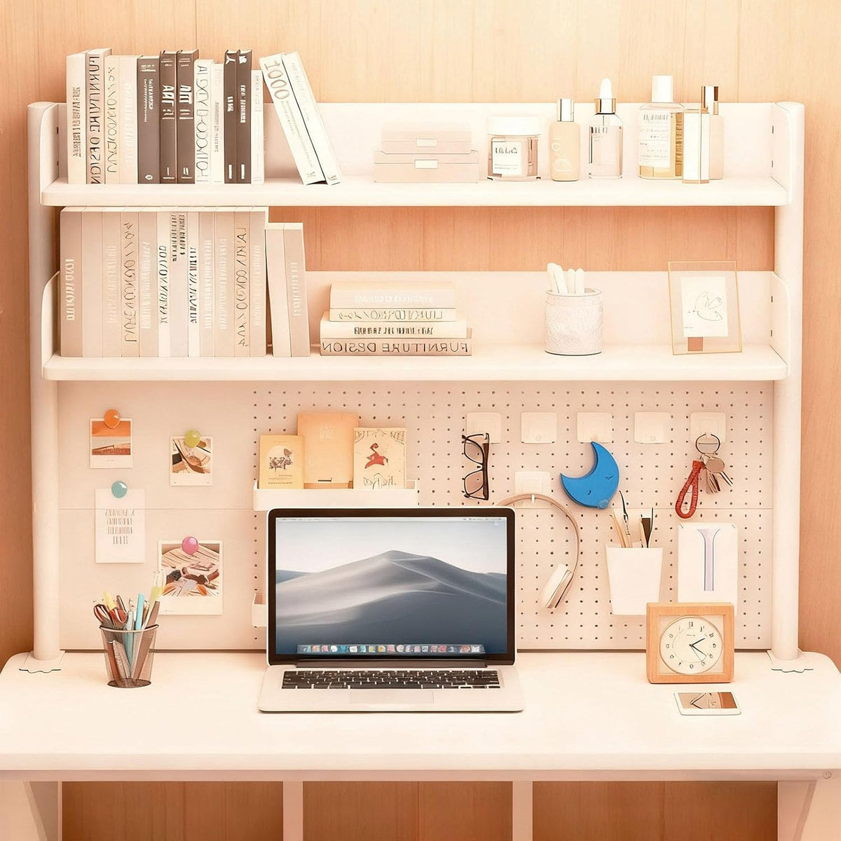 Clamp On Desk Shelf Organizer with Pegboard Desk Hutch Dorm with Storage Bookshelf Desk Top Organizer Shelf Multi-Purpose White & Black Desktop Shelves & Office Shelves (White, W - 31.5")