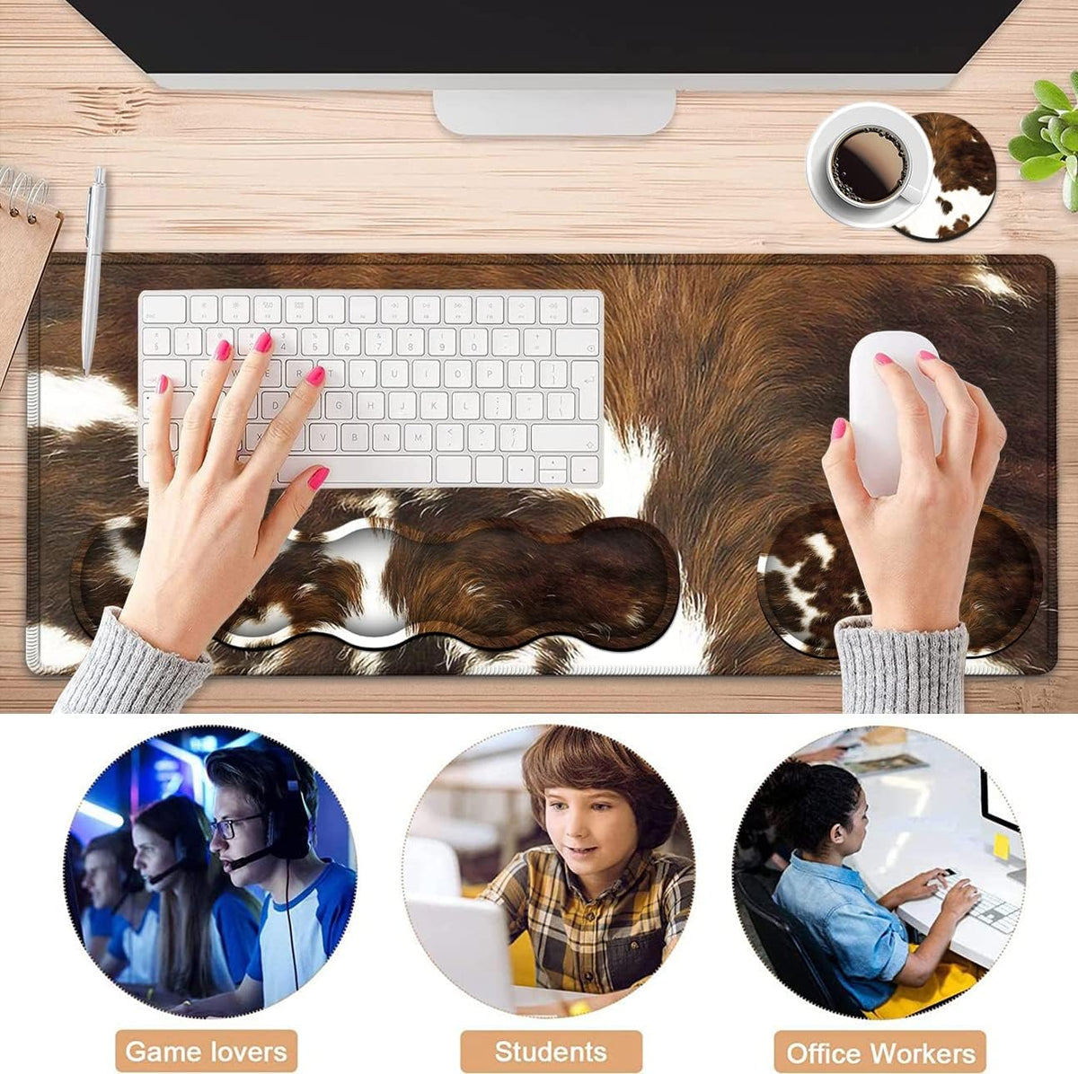 JVGFYNKL Gaming Mouse Pad XXL Large Desk Cute Mat Brown Cowhide Extended Mousepad Ergonomic Memory Foam Keyboard Wrist Rest, Stitched Edges Desk Pad(31.5x11.8 in) Extended Large Mousepads
