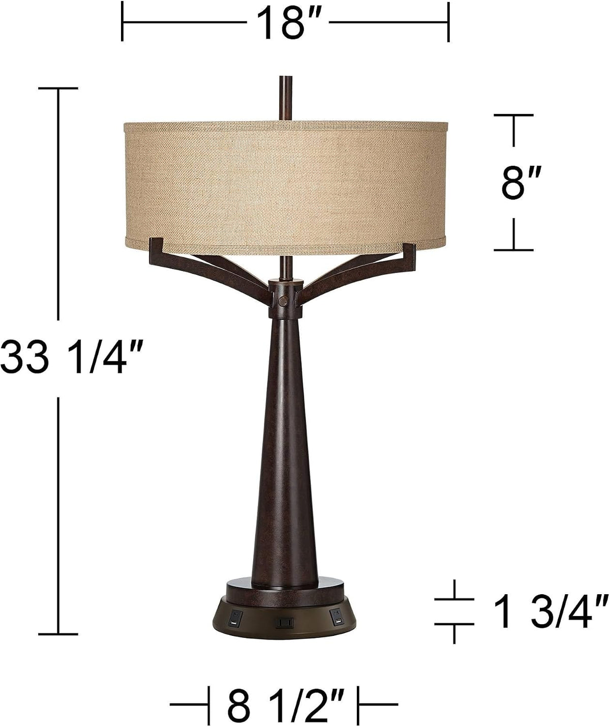 Franklin Iron Works Tremont Rustic Farmhouse Table Lamp 31 1/2" Tall with USB and AC Power Outlets in Base Bronze Iron Burlap Drum Shade for Bedroom Living Room House Bedside Nightstand Home Office