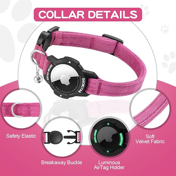Luminous AirTag Cat Collar Breakaway, OUCWLTAG GPS Cat Collar with Apple Air Tag Holder, Cat Tracker Collars with Safety Elastic Band for Girl Boy Cats, Kittens and Puppies (Pink, 7-10 Inch)