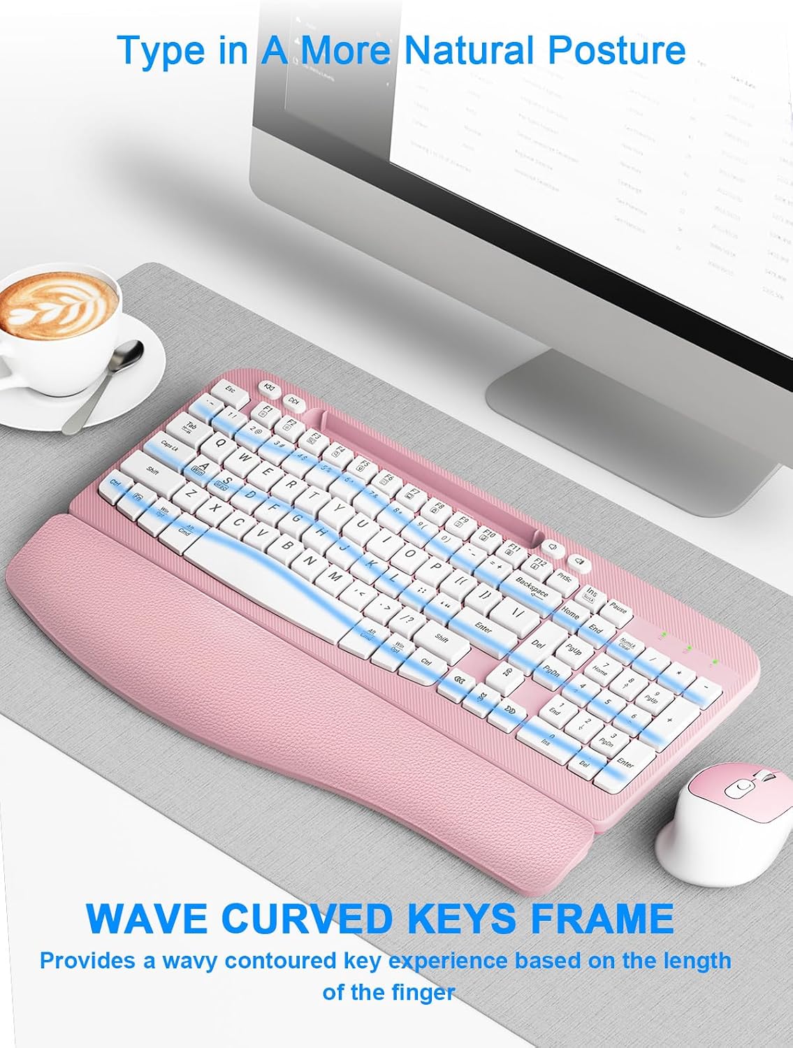 Hayyiesh Ergonomic Wave Keys Wireless Keyboard and Mouse Combo, Full Size with Memory Foam Wrist Rest & Phone Holder, 2.4G Cordless Set with USB-C Adapter for Windows Mac Desktop Laptop (Pink)
