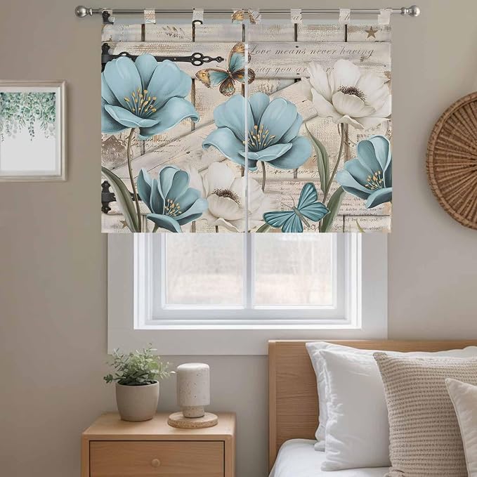 Teal Blue Tulips Bedroom Curtains 63 Inch Length, Window Curtains Tab Top