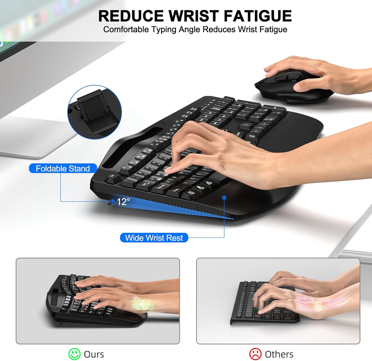 Wireless Keyboard and Mouse Combo, 2.4G Ergonomic Wave Keys(Black)