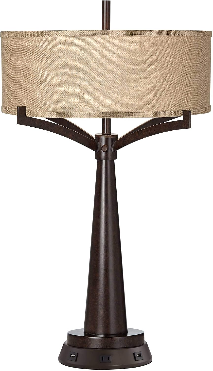 Franklin Iron Works Tremont Rustic Farmhouse Table Lamp 31 1/2" Tall with USB and AC Power Outlets in Base Bronze Iron Burlap Drum Shade for Bedroom Living Room House Bedside Nightstand Home Office