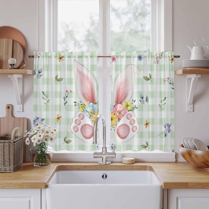 Easter Kitchen Tier Curtains 45 Inch Long 2 Panel Set, Rod Pocket Short Window