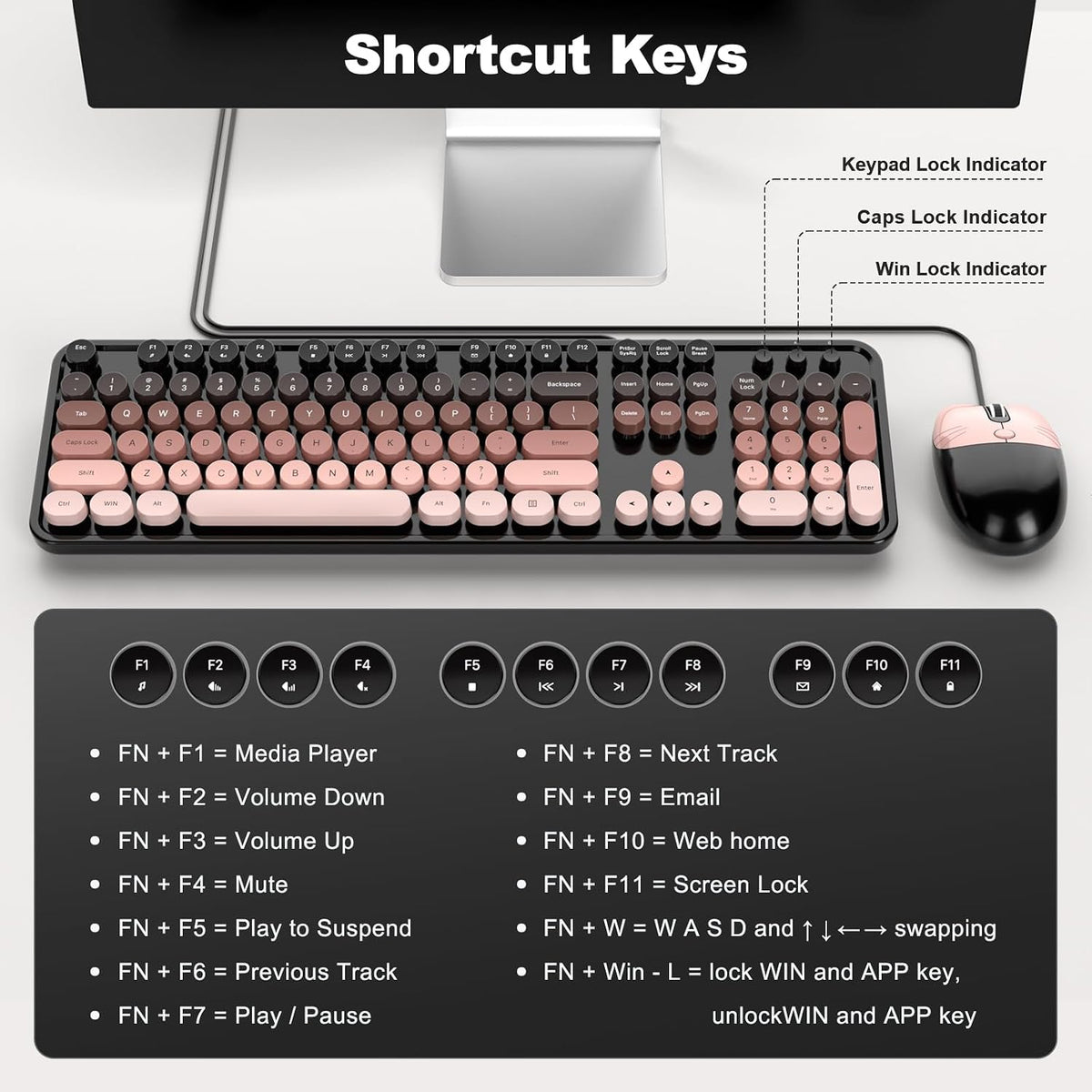 MOFII Wired Retro Typewriter Keyboard and Mouse Combo, Full Size USB Plug & Play for Windows PC Laptop- BlackBerry Gradient