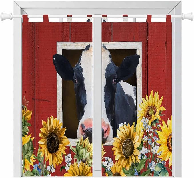 Cow Sunflowers Bedroom Curtains 72 Inch Length, Window Curtains Tab Top
