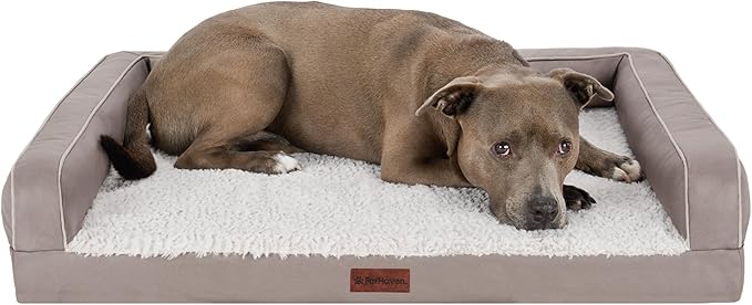 Furhaven Orthopedic Dog Sofa Bed – Memory Foam Couch with Bolsters, Textured Plush & Water-Resistant Cover, Washable Cover, Joint Support - Greige, Large