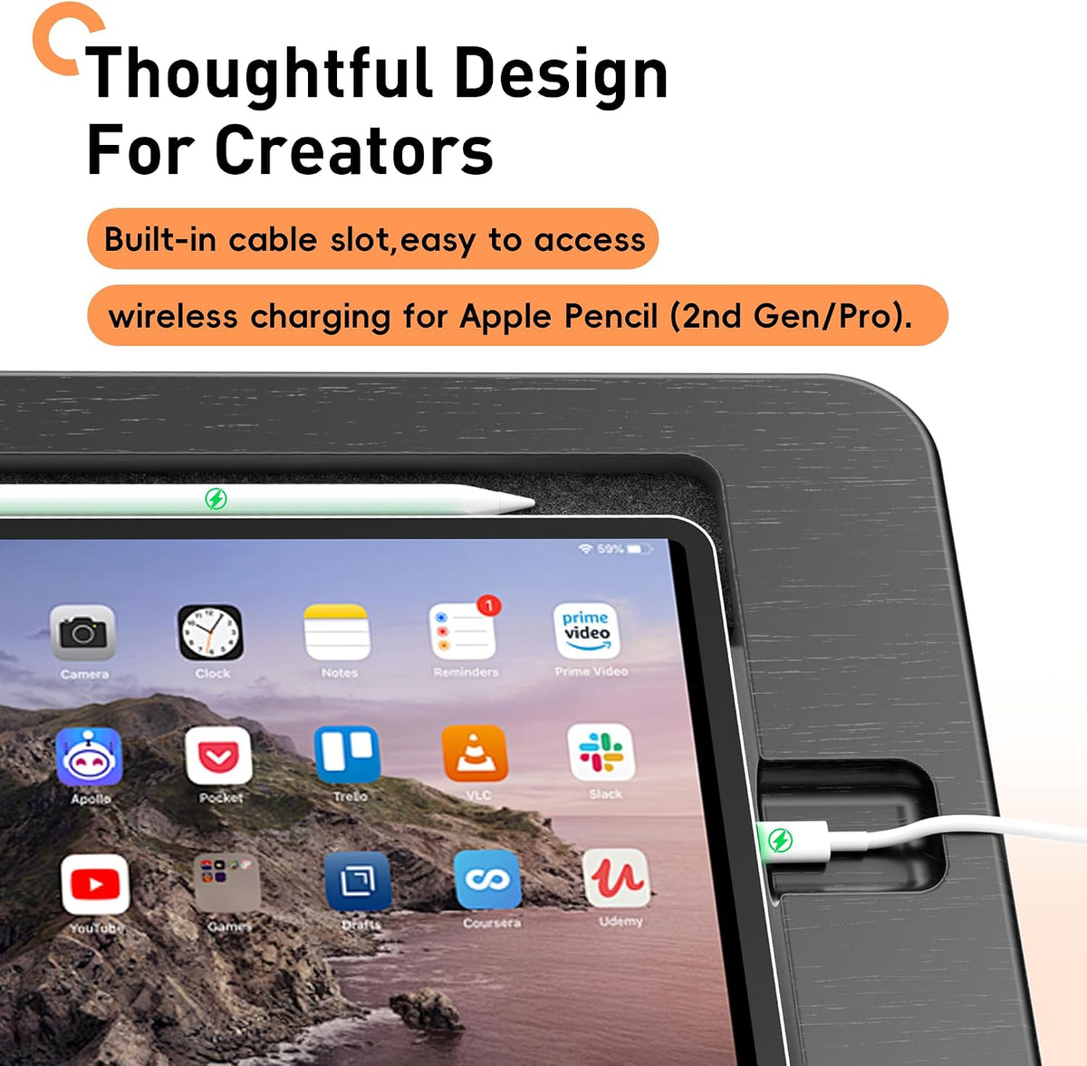 ELETIUO Bamboo Tablet Drawing Stand,Multi-Angle Adjustable Holder with Pencil Wireless Charger& Cable Slot,Foldable&Portable Reading Stand,Compatible with 9.7/10.2/10.5/10.9/11 inches,Black