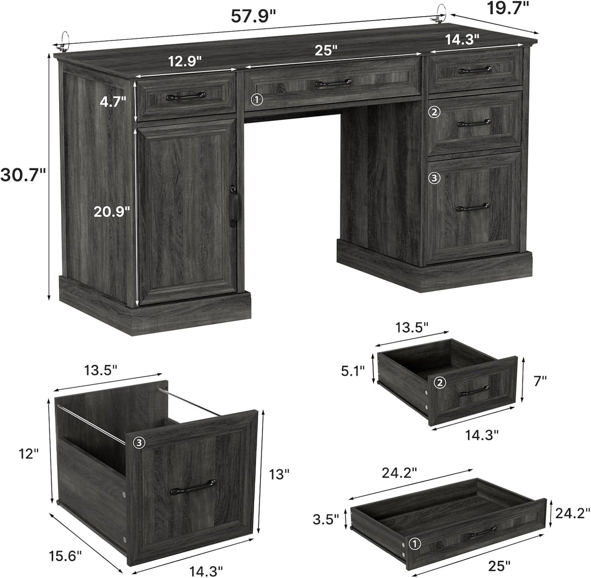 Tradare 58" Farmhouse Executive Desk, Wood Home Office Desk with Drawers & File Cabinet, Embossed Texture Storage Organizer Computer Desk for Working, Studying, Writing, Gray