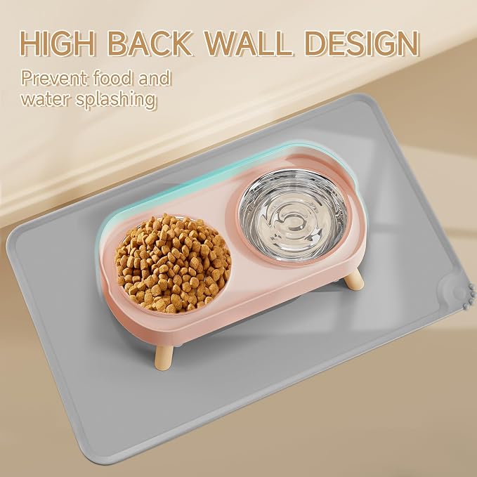 Elevated Cat Bowl with Food Mat, Raised Cat Food and Water Bowl Set