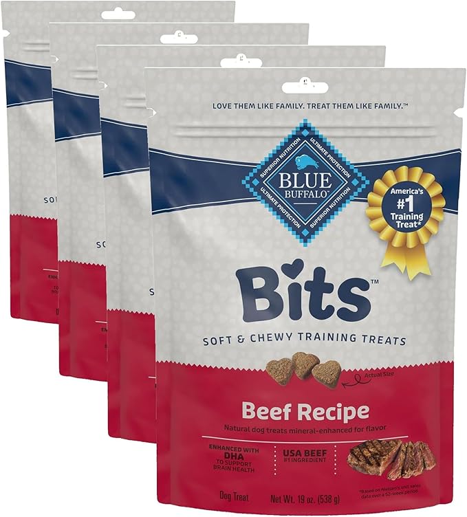 Blue Buffalo Bits Soft Dog Treats for Training, Made with Natural Ingredients & Enhanced with DHA, Beef Recipe, 19-oz Bag (Pack of 4)