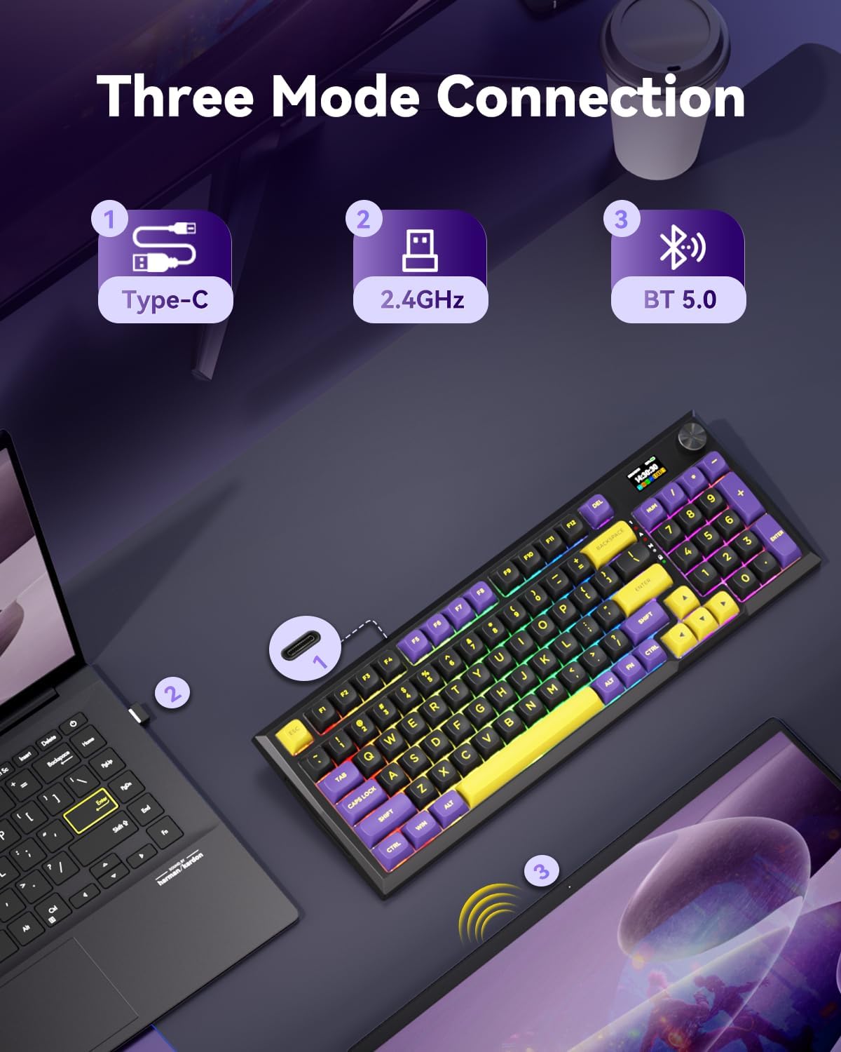 Redragon K725L Wireless Mechanical Keyboard with Screen and Knob, Purple