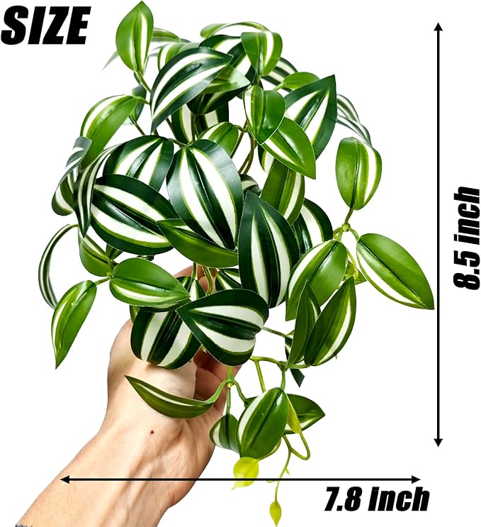 Woyrise Reptile Plants, Terrarium Hanging Plant Vines, Artificial Leaves with Suction Cup, Bearded Dragon Tank Accessories for Gecko Lizard Snake Frog Tortoise Decorations - Zebrina Green