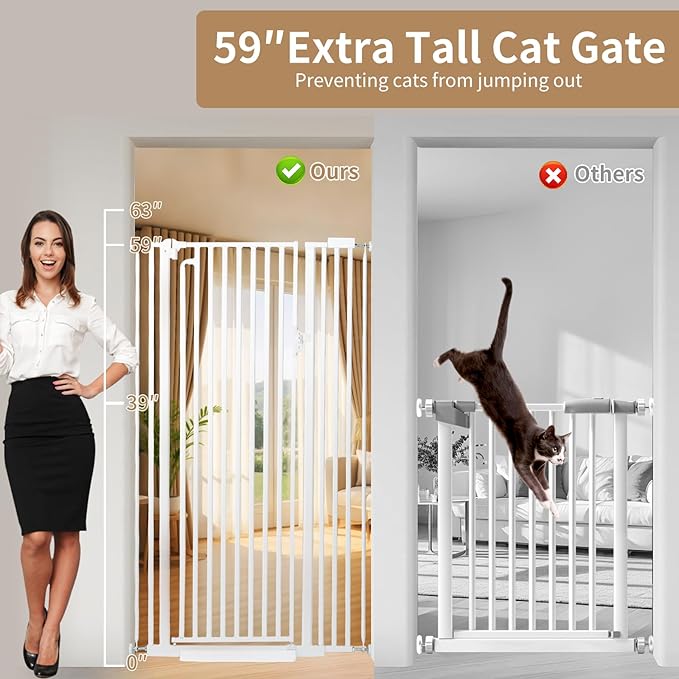 59“ Extra Tall Cat Gate for Doorway: 33.4-37.4” Wide Pet Gate, Auto Close/One Handed Open, 1.34” Extra Small Gap, No Drill Pressure Mount Tall Cat Gate for Interior Stairs/Kitchens/Hallways (White)