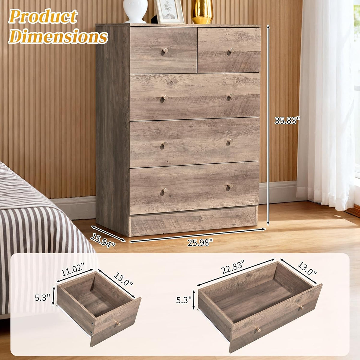 Karl home Grey 5 Drawer Dresser, Wood Chest with Rose Gold Handle