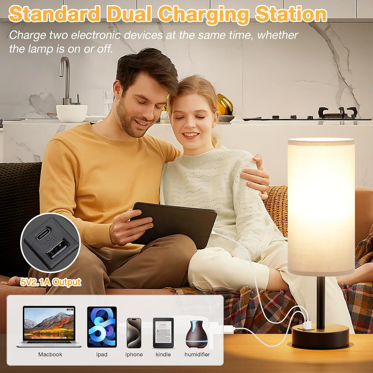 Dicoool Bedside Table Lamp for Bedroom - 3-Way Dimmable Touch Lamp, USB A+C