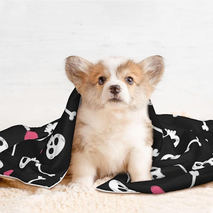 Reversible Plush Dot Pet Blanket for Dogs and Cats, Cartoon Skulls with Hearts On Black, Ultra Soft Two Sided Design with Warm Fuzzy Side and Smooth Side for Comfort