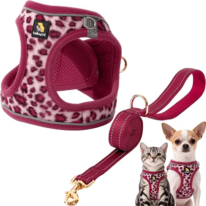 BELLA & PAL Step in Vest Harness for Small and Medium Dogs, No Pull Small Dog Harness with Leash Set, Comfortable Air Mesh Dog Vest Harness with Reflective Strip (Pink Leopard, L)