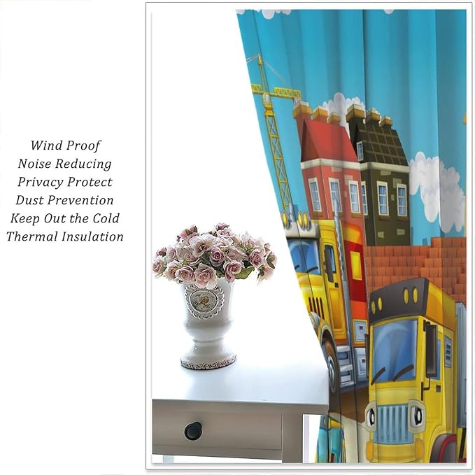 Kids Cartoon Construction Window Curtains, Funny Construction Site Cars and