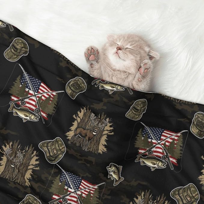 Double Sided Plush Pet Blanket with Cozy Dot Texture, Hunting Deer Bass Fishing Lure Camo Camouflage American Flag Black, Reversible for Dogs Cats on Couches Beds
