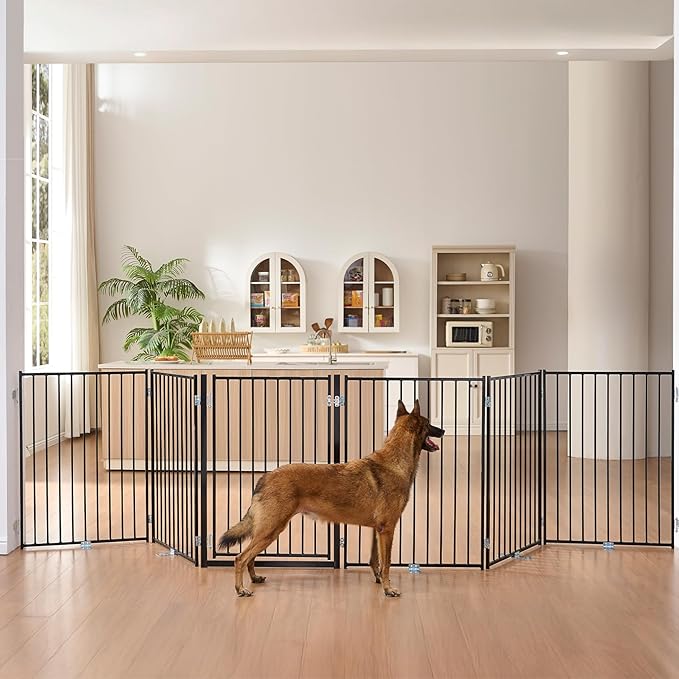 No Pawblems Free Standing Dog Gate with Door, 36'' Tall Foldable Dog Fence for Indoor & Outdoor, Up to 156 Inch Extra Wide Puppy Gate for Stairs, Hallways, Doorways, Deck, Yard (Black, 6 Panels)