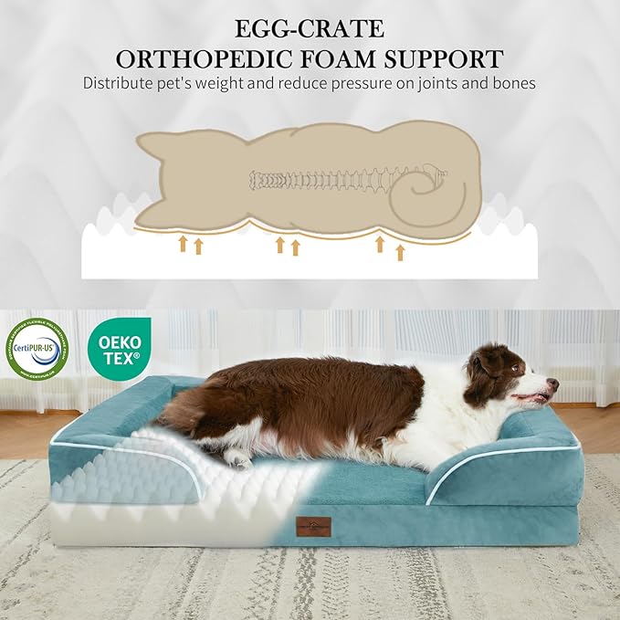 Comfort Expression Orthopedic Dog Bed for Extra Large Dogs 45x35 Inch, Waterproof Egg Crate Foam XL Pet Bed with Removable Bolsters, Dog Couch with Washable Cover & Non-Slip Bottom, Washed Blue