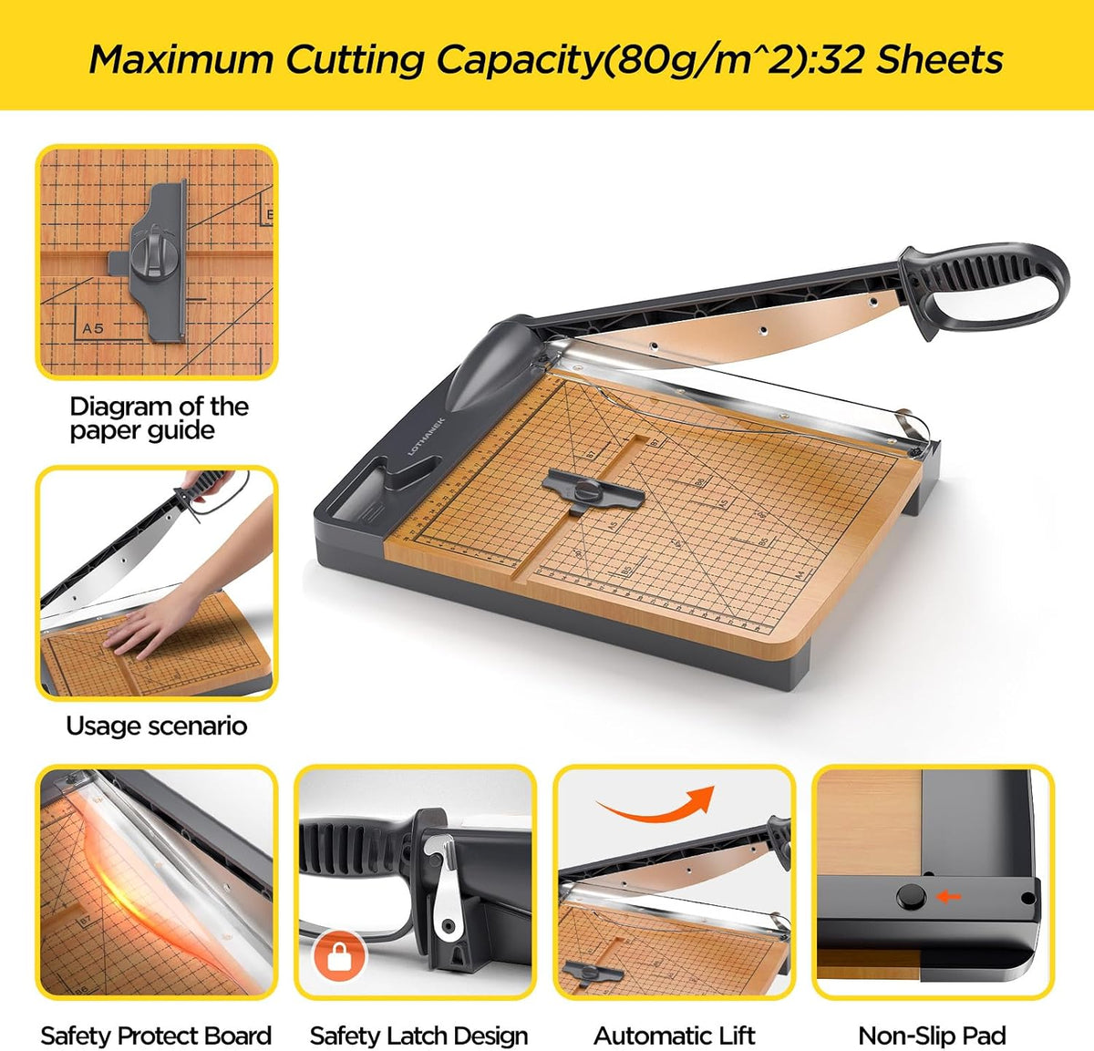12 Inch Wood Guillotine Paper Cutter, Heavy Duty Paper Trimmer with Wood Base, Cuts 25-32 Sheets, Cutting Board for Cardstock, Crafts, Classroom, Art Projects