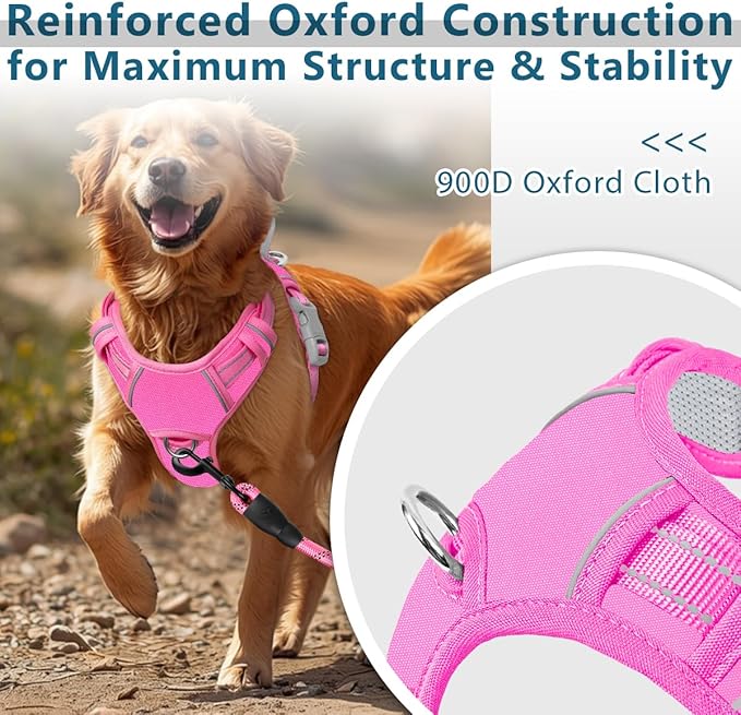 BARKBAY Dog Harness No Pull Oxford with ID Tag Pocket - Heavy Duty, Reflective, Easy Control for Large Dogs(Pink Oxford,M)
