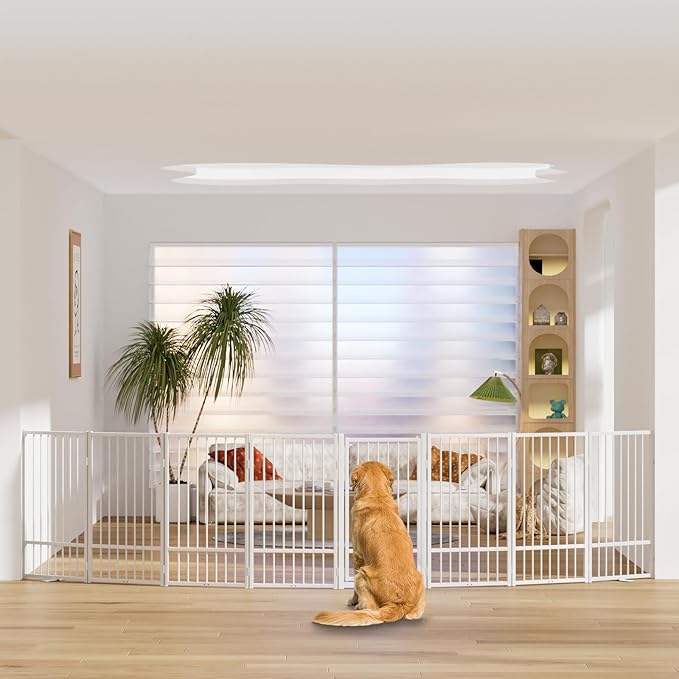 Full Metal Freestanding Dog Gate with Door, 36''Height Foldable Pet Dog Fence for Indoor & Outdoor, 8 Panels Extra Wide Free Standing TallDog Gates for Doorways,House,Stairs,Porch,Deck,Yard
