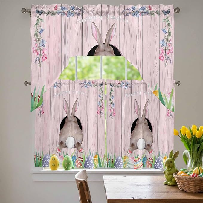 Swag Valance Curtains, Easter Cute Rabbit and Colorful Eggs Rod Pocket Valances