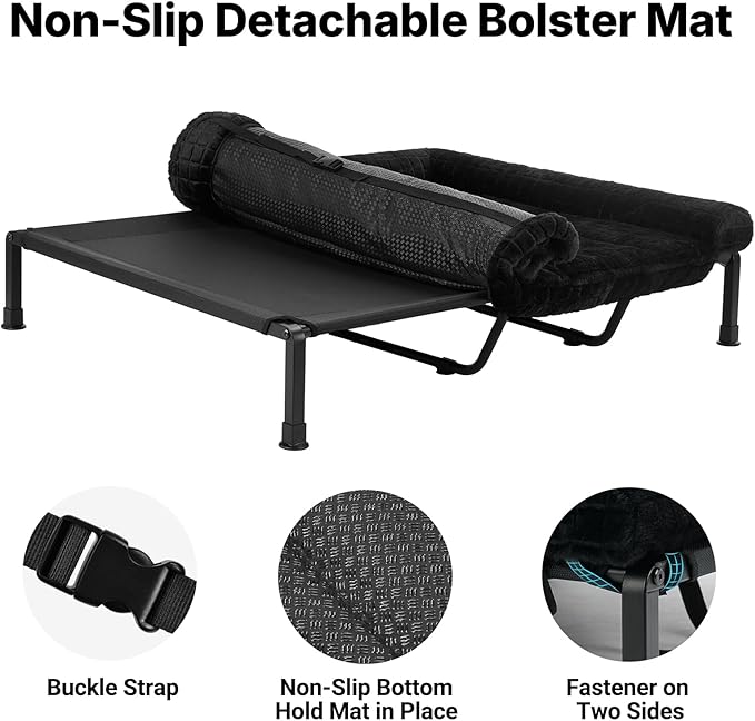 Veehoo Elevated Dog Beds Large Sized Dog with Fluffy Plush Bolster Cushion, Washable Orthopedic Dogs Couch Bed, Raised Pet Cot with Removable Mat, Breathable Mesh, No-Slip Feet, 59 x 37 inches, Black